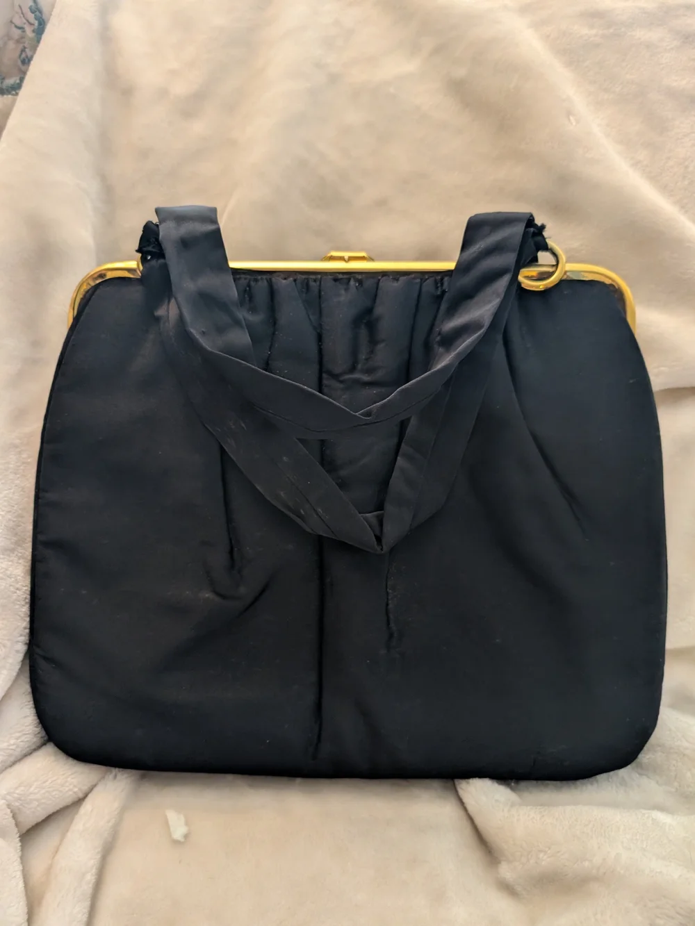 Vintage 1950s Fabrique Bags Black Satin Ruched Evening Bag Kiss Lock MCM